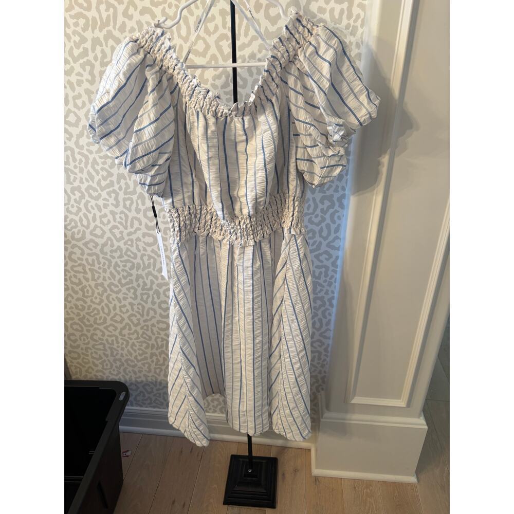 Calvin Klein Women's White Blue Striped Off-The-Shoulder Dress Size 14 - Picture 5 of 8